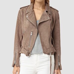 All Saints Mushroom Suede Moto Jacket. Size 6. Like new- worn once